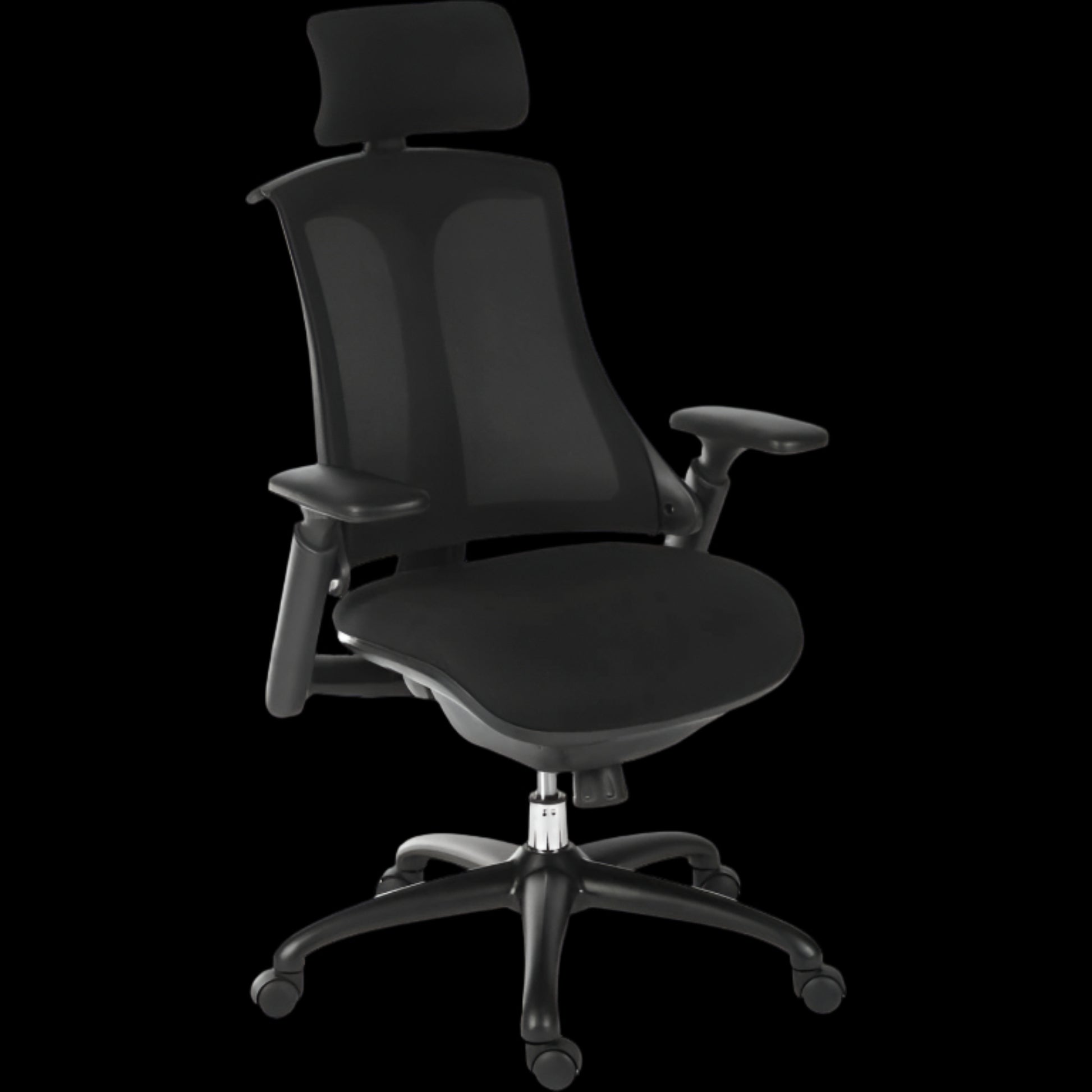 Black office chair with headrest on a black background