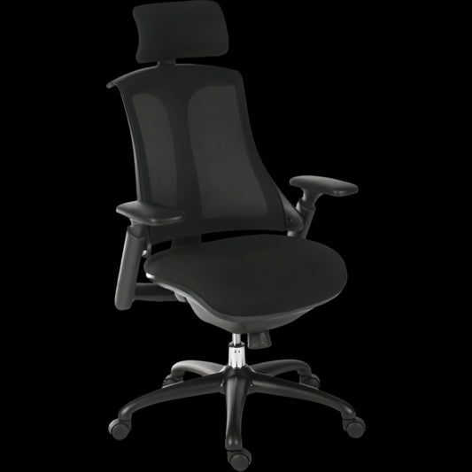 Black office chair with headrest on a black background