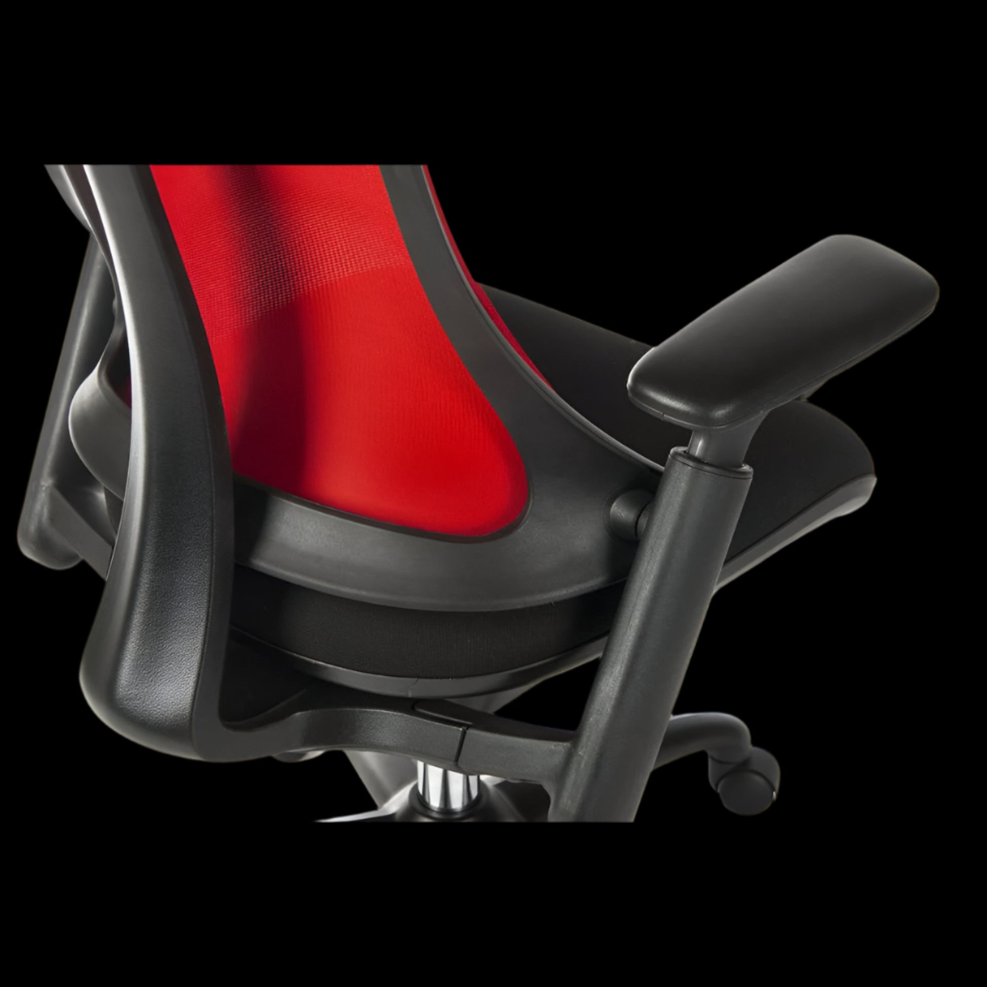 Red office chair with black frame on a black background