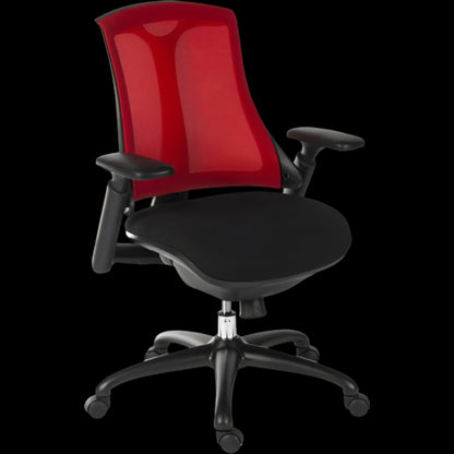 Black office chair with red backrest on a black background