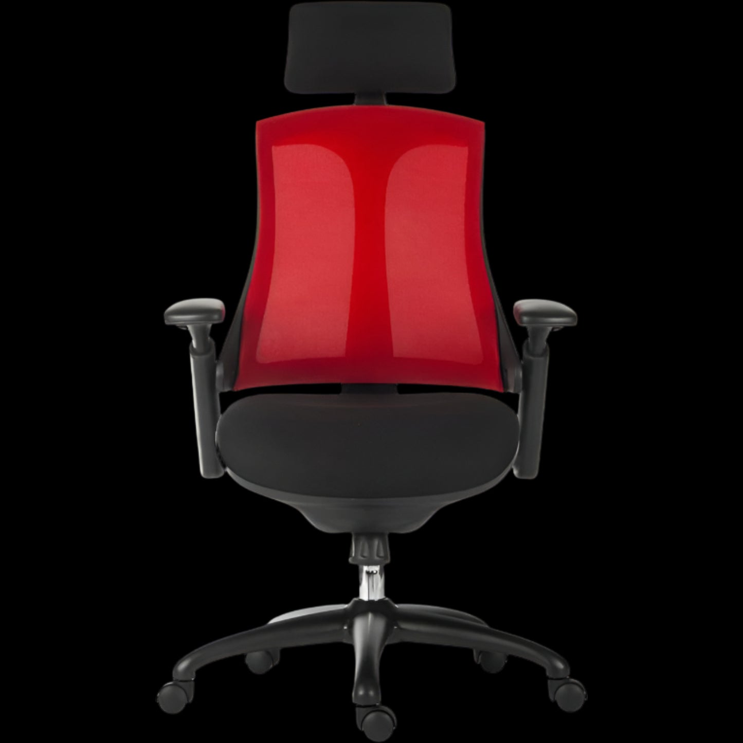 Red office chair with black mesh backrest on a black  background
