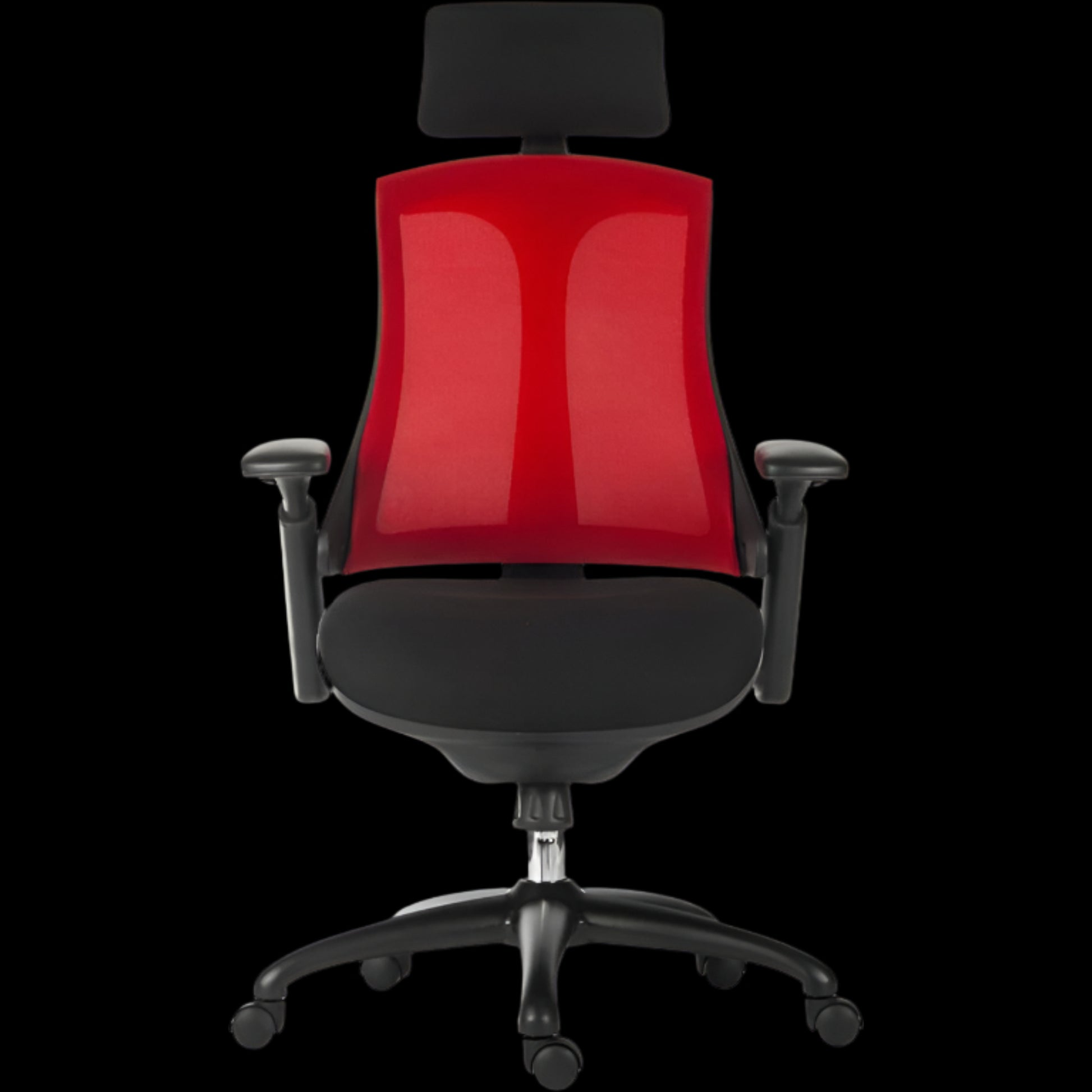 Red office chair with black mesh backrest on a black  background