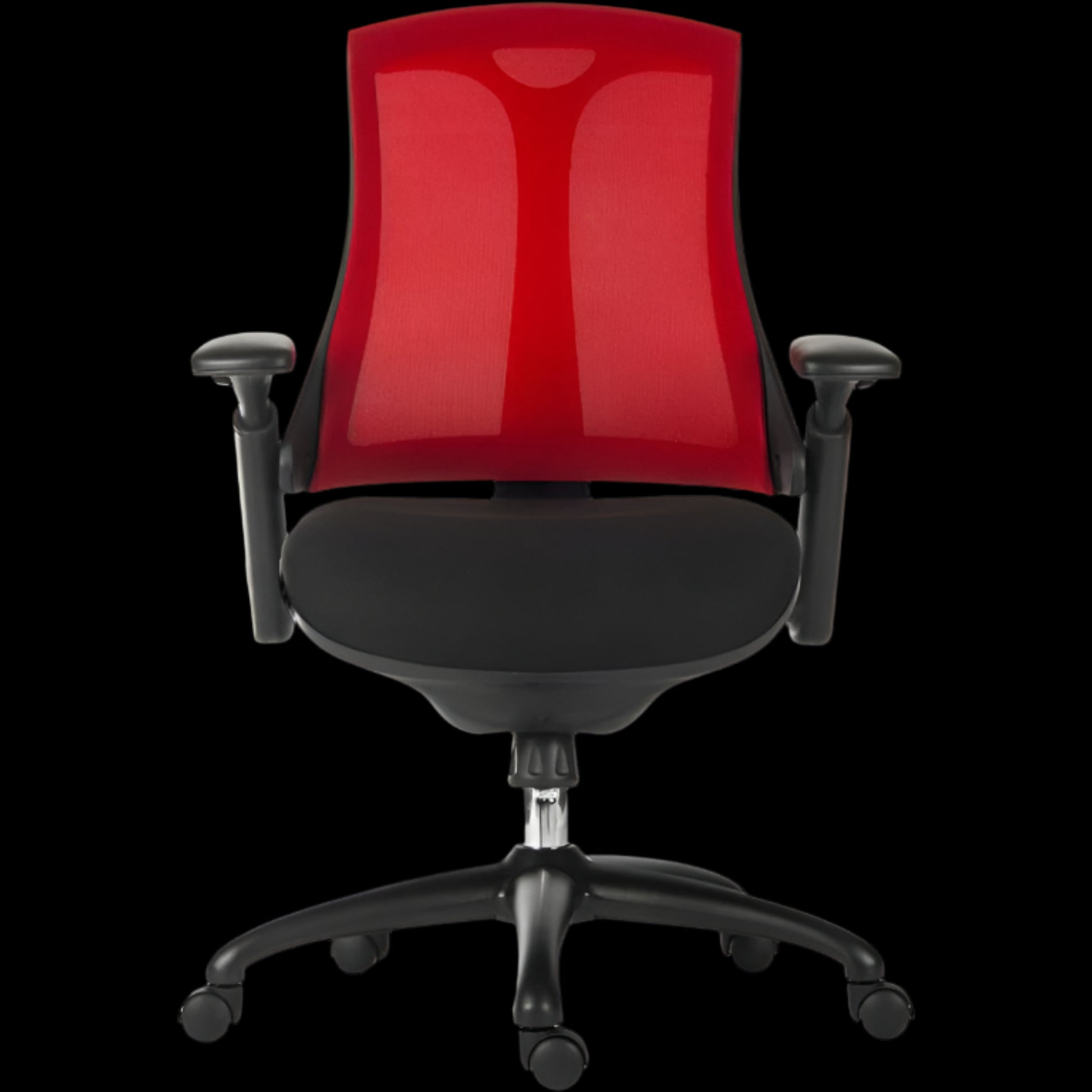 Black office chair with red mesh backrest on a black background