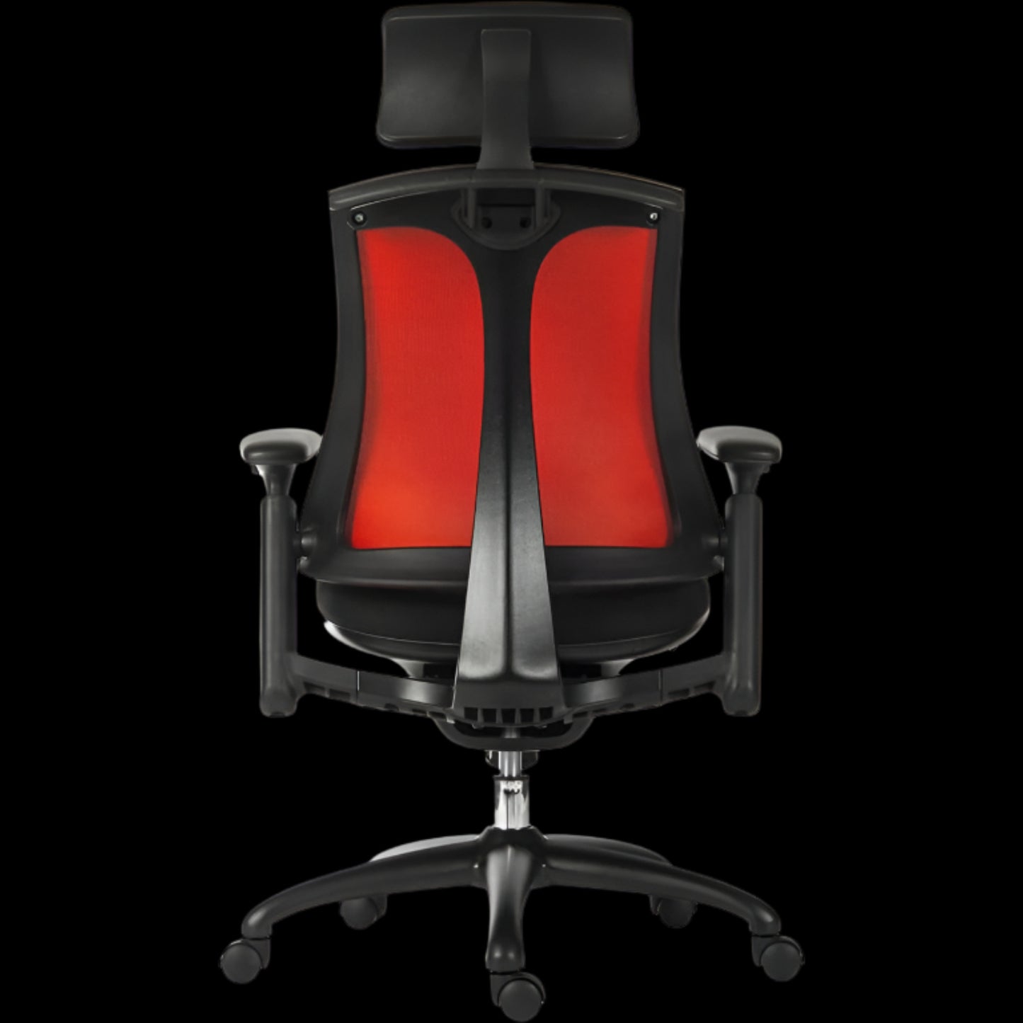Black office chair with red mesh backrest on a black background