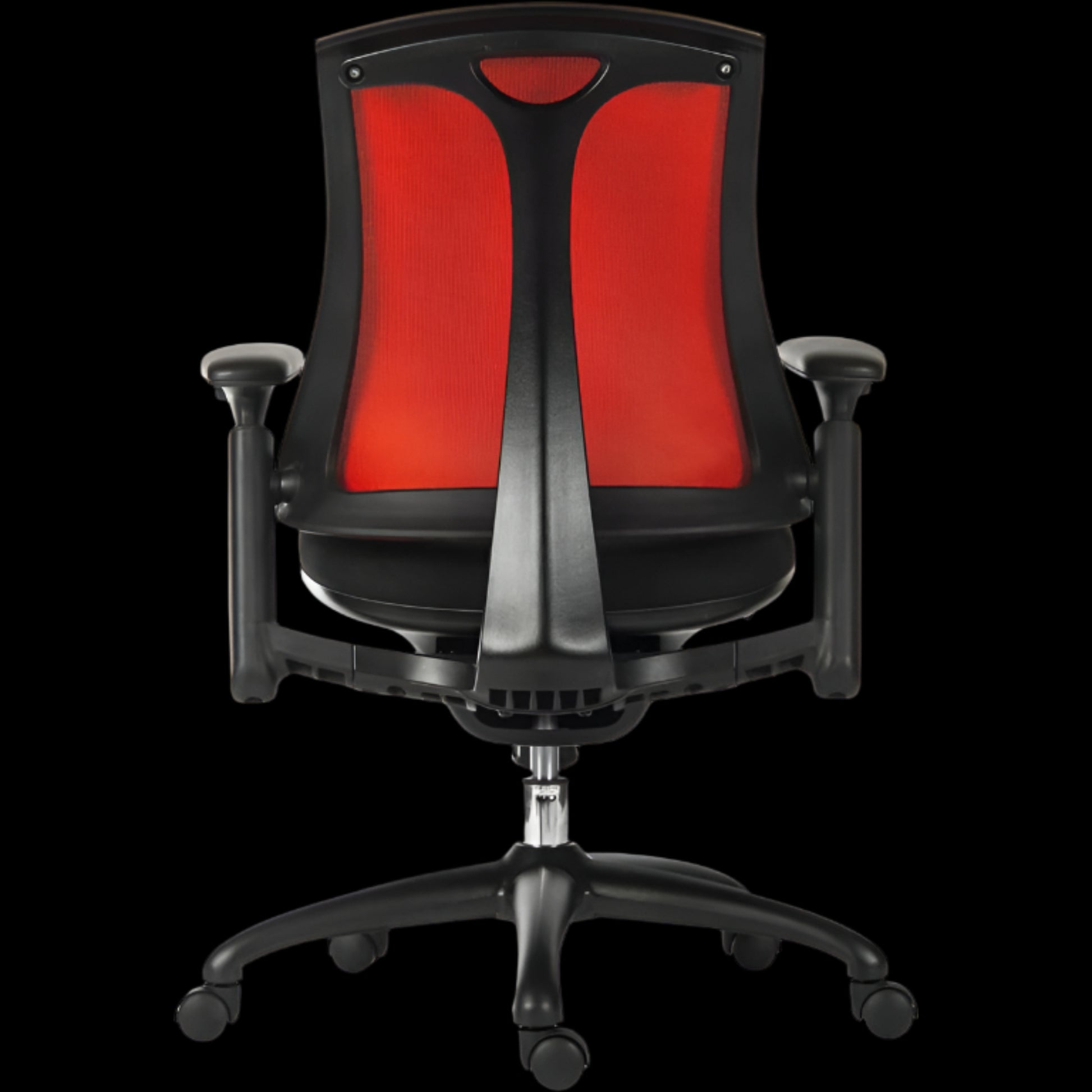 Black office chair with red mesh backrest on a black background