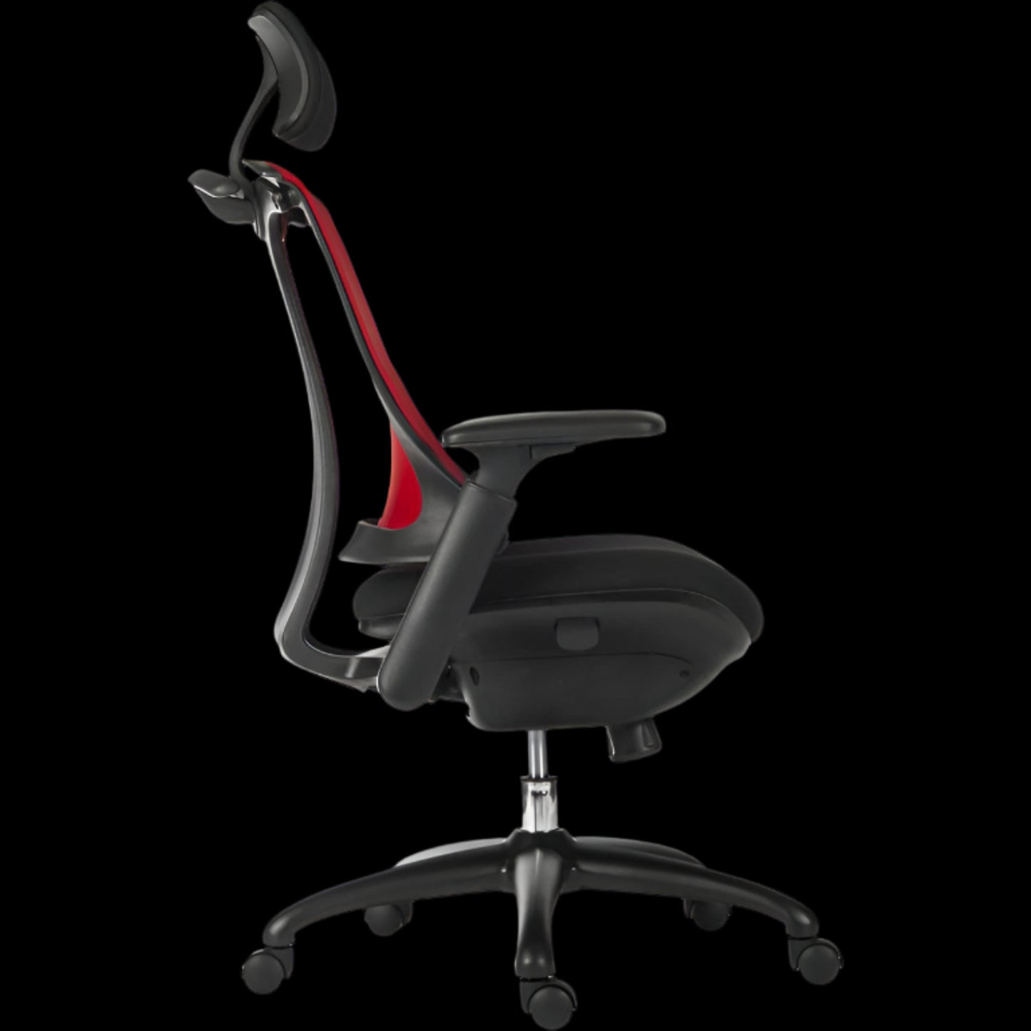 Black office chair with red accents on a black background