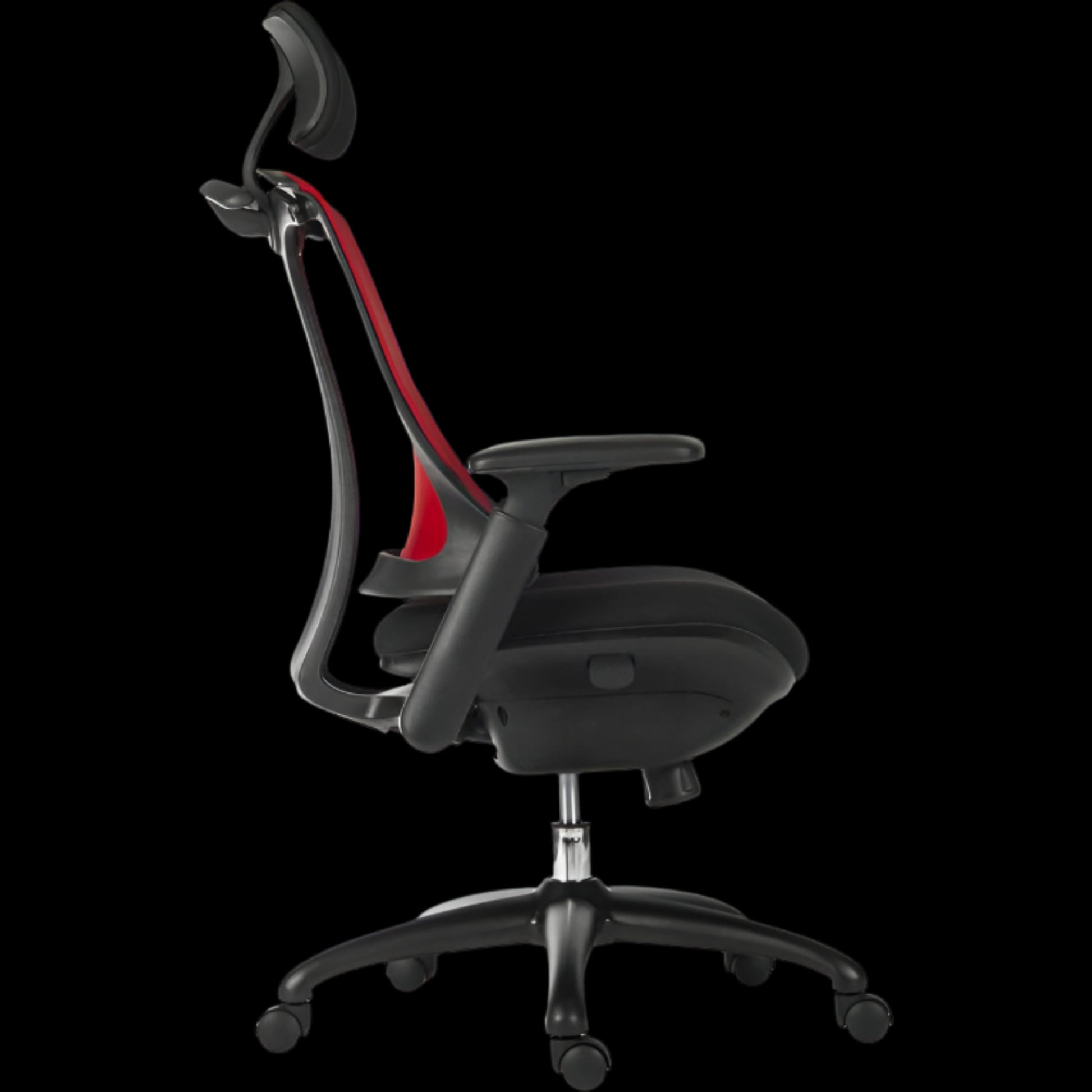 Black office chair with red accents on a black background