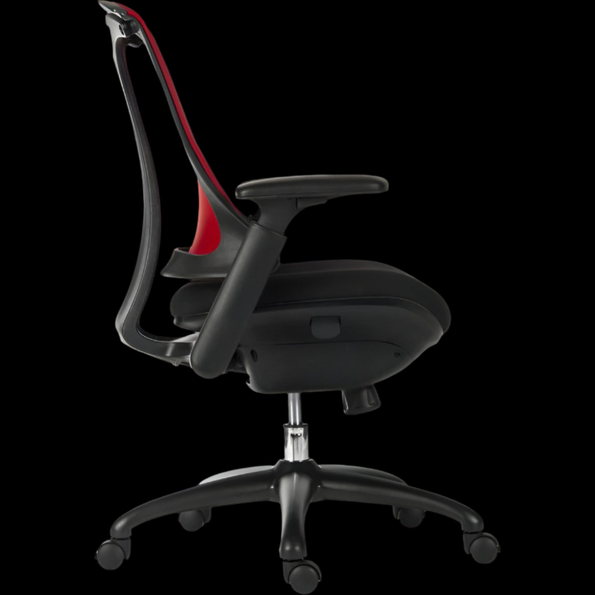 Black office chair with red accents on a black background