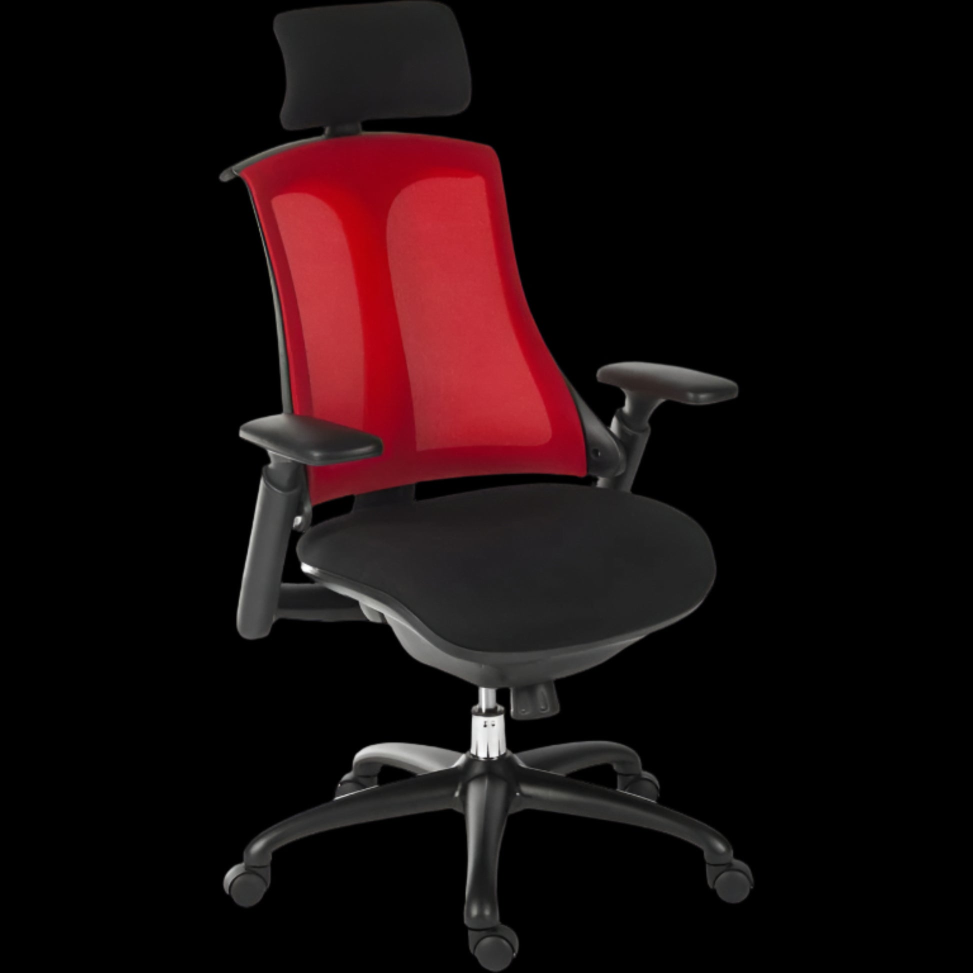 Red office chair with black mesh back and seat on a black background