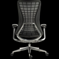 Black office chair with mesh back on a black  background