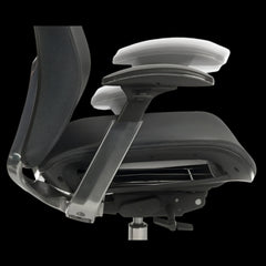 Ergonomic office chair with headrest and adjustable armrests on a black background