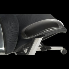 Close-up of a black office chair with mesh backrest and armrests on a black background