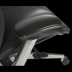 Black office chair with mesh backrest and armrests on a black background