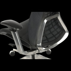 Black office chair with mesh backrest and armrests on a black background