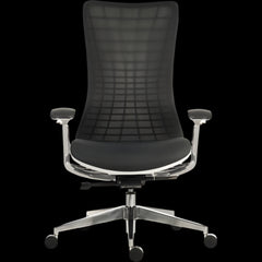 Black office chair with grid backrest on a black background