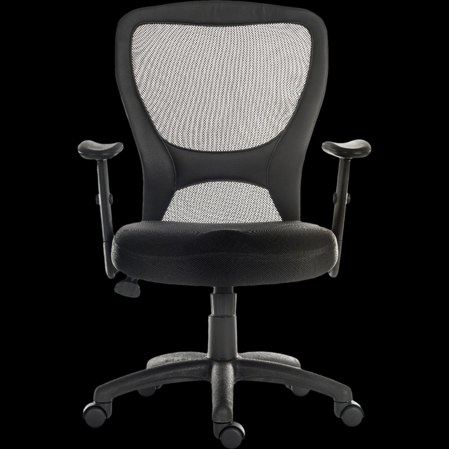 Black office chair with mesh back on a black background