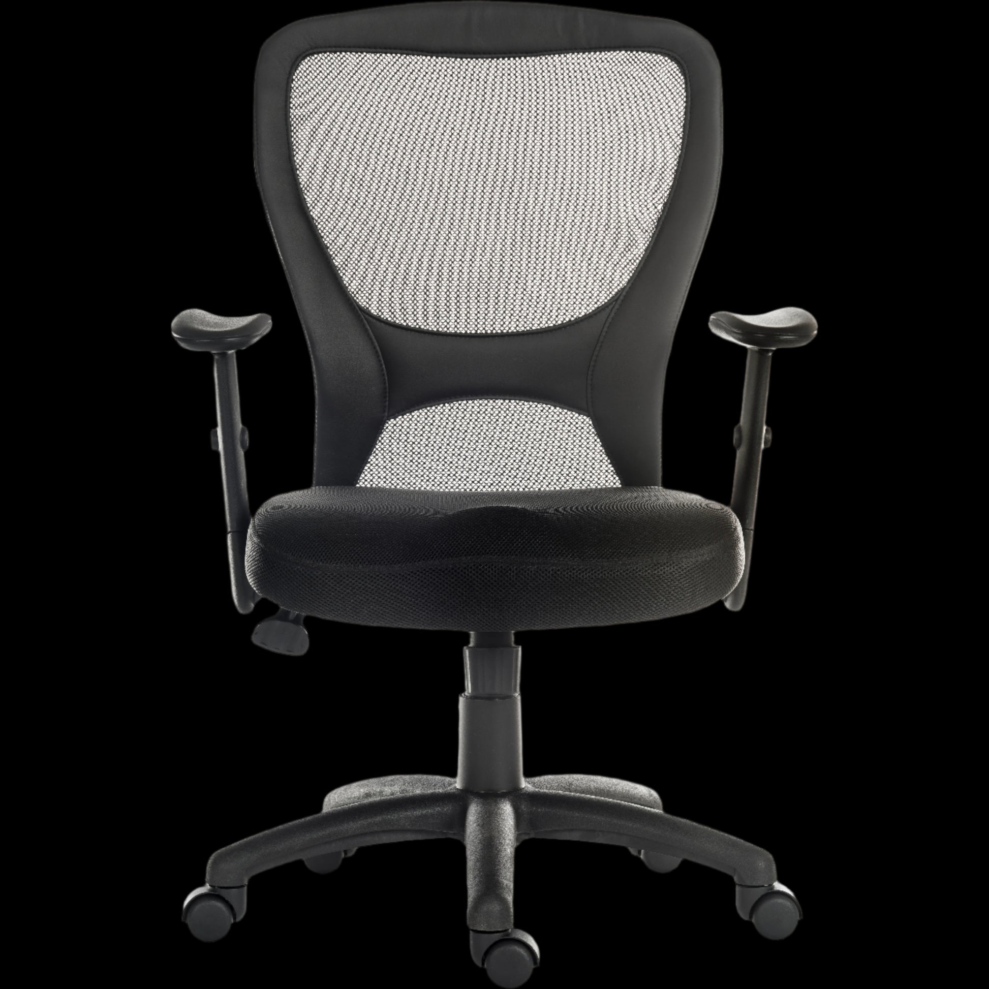 Black office chair with mesh back on a black background