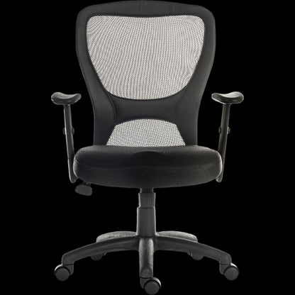 Black office chair with mesh back on a black background