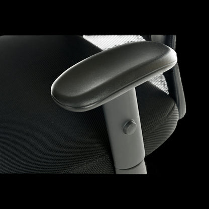 Close-up of a black office chair with armrest on a black background
