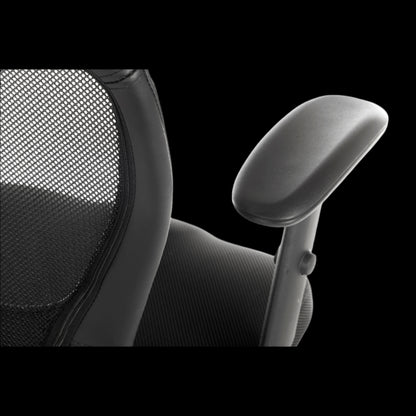 Close-up of an office chair with mesh backrest and armrest on a black background