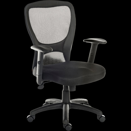 black office chair with mesh back on a black background