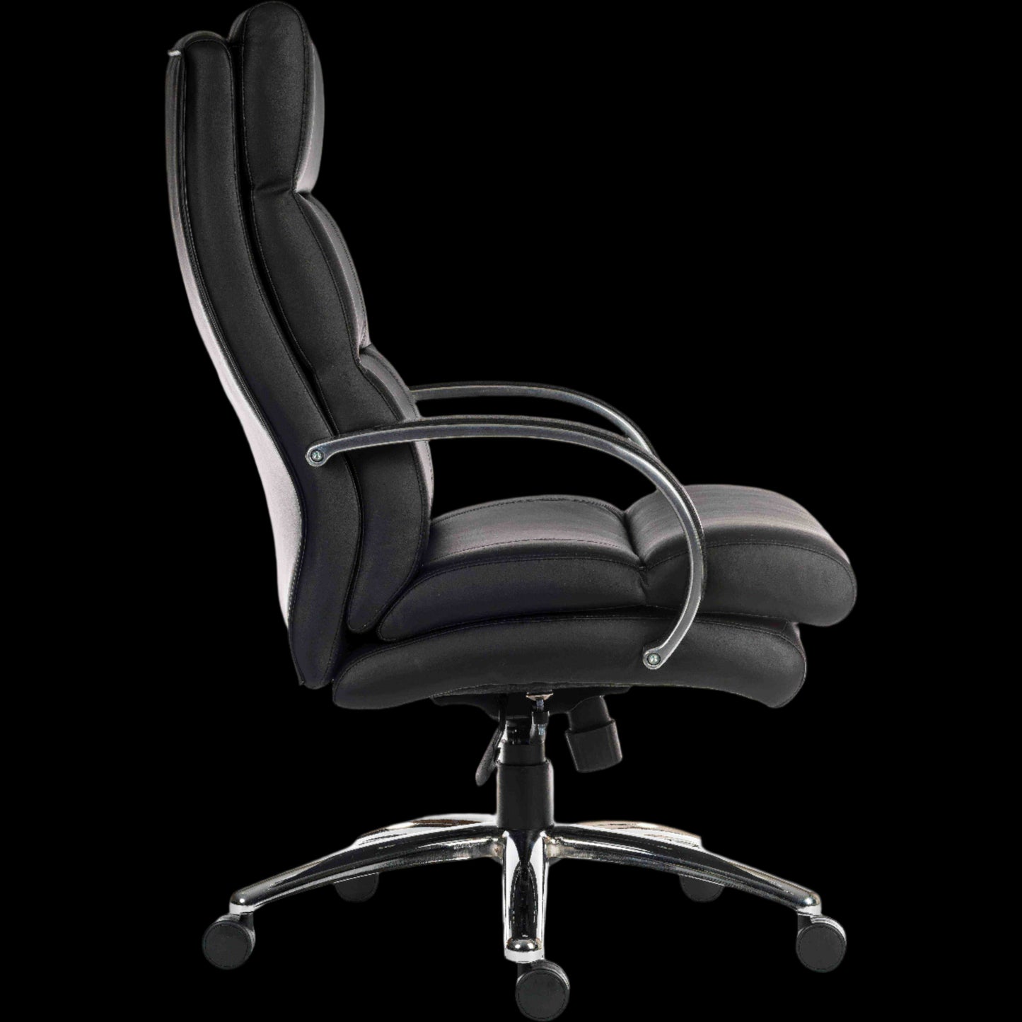 Black office chair with a high backrest on a black background