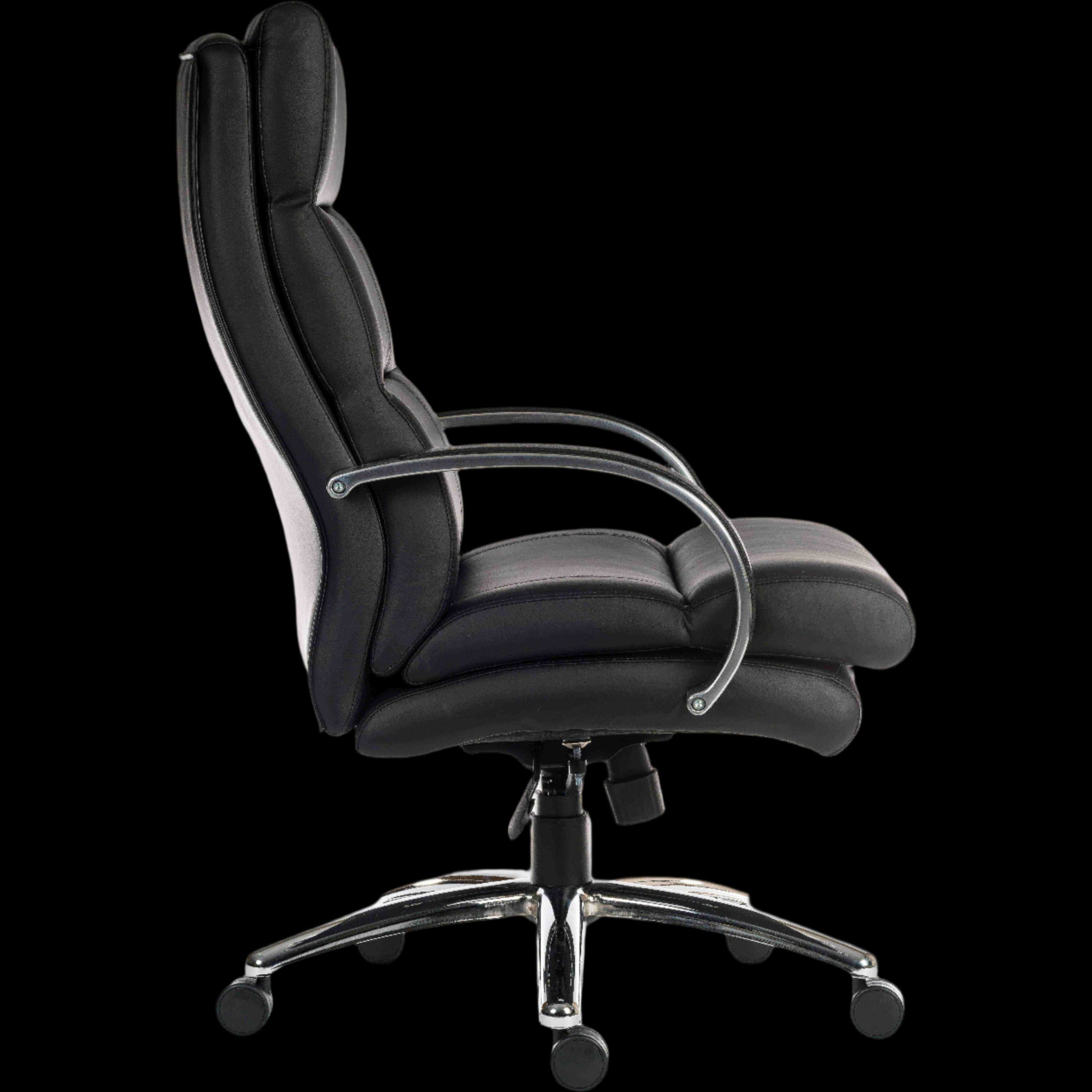 Black office chair with a high backrest on a black background