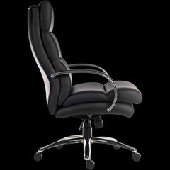 Black office chair with a high backrest on a black background
