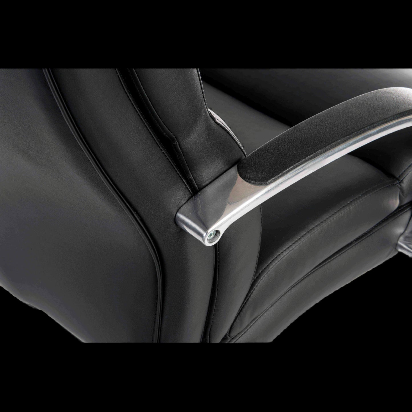 Close-up of a black leather office chair with armrest