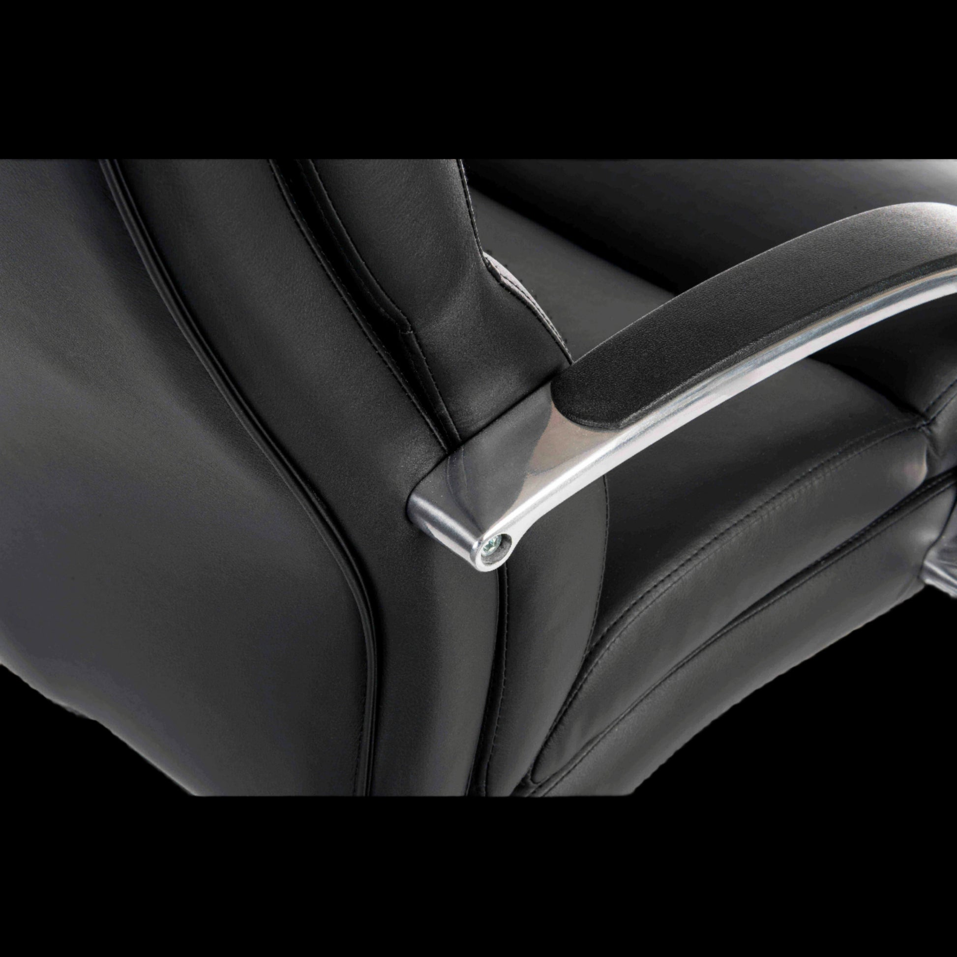 Close-up of a black leather office chair with armrest