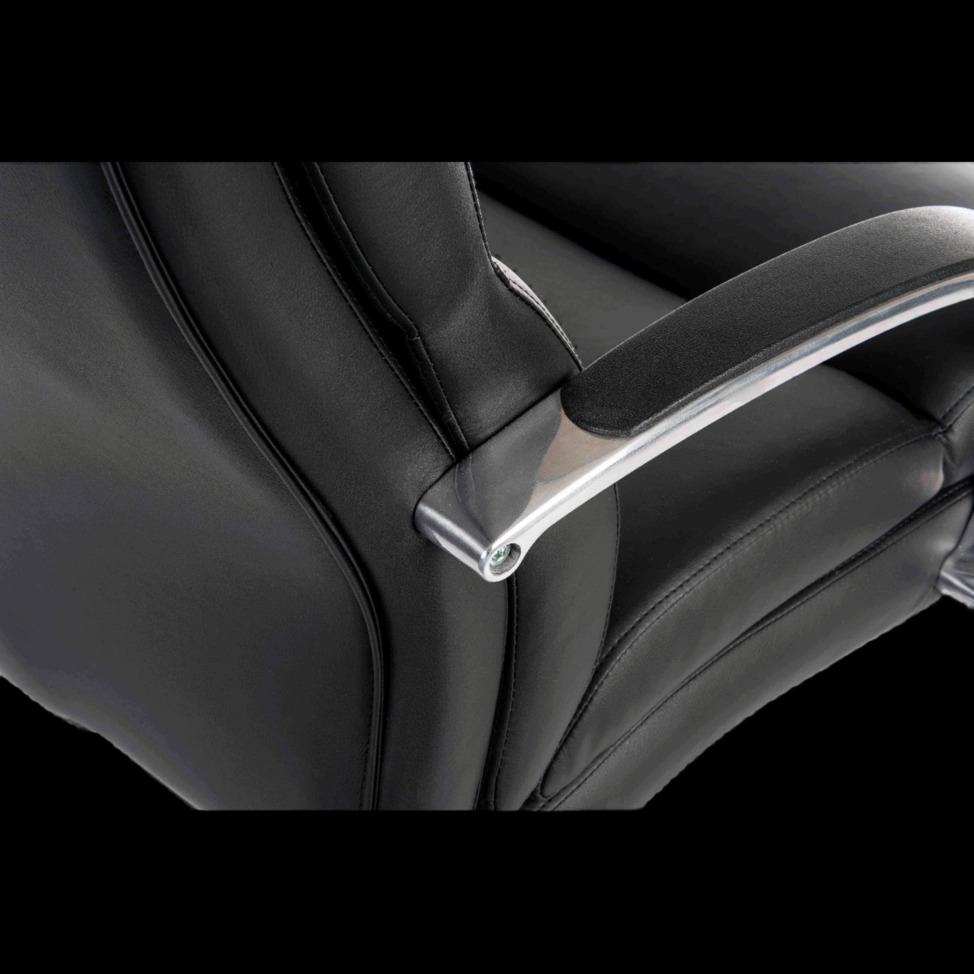 Close-up of a black leather office chair with armrest