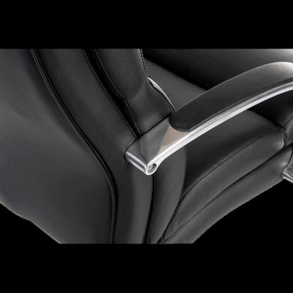 Close-up of a black leather office chair with armrest