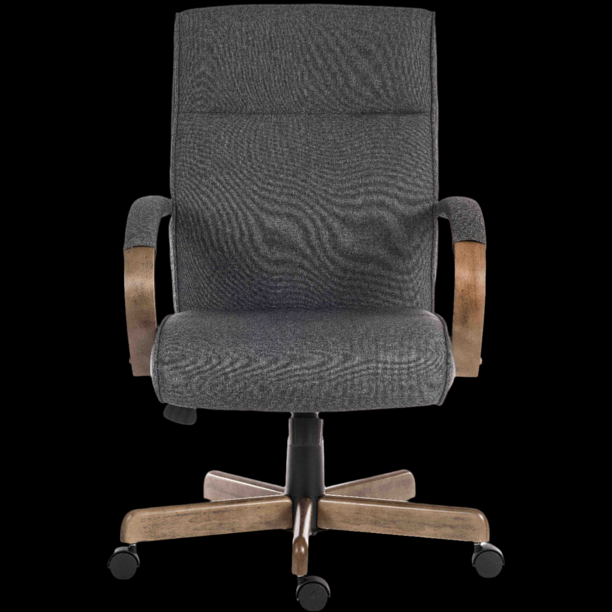 Gray office chair with wooden armrests and base on a black background