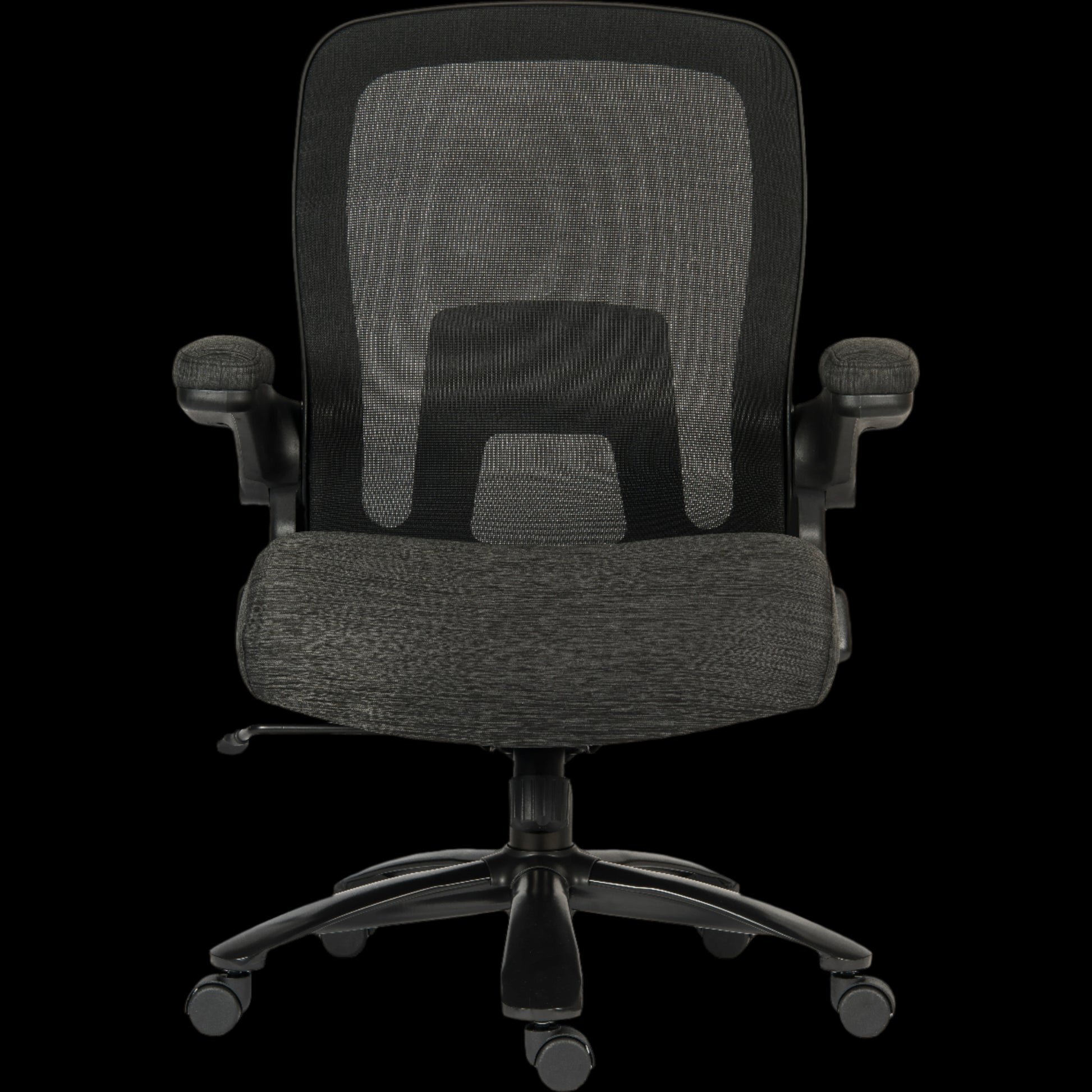 Black office chair with mesh back on a black background