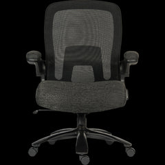 Black office chair with mesh back on a black background