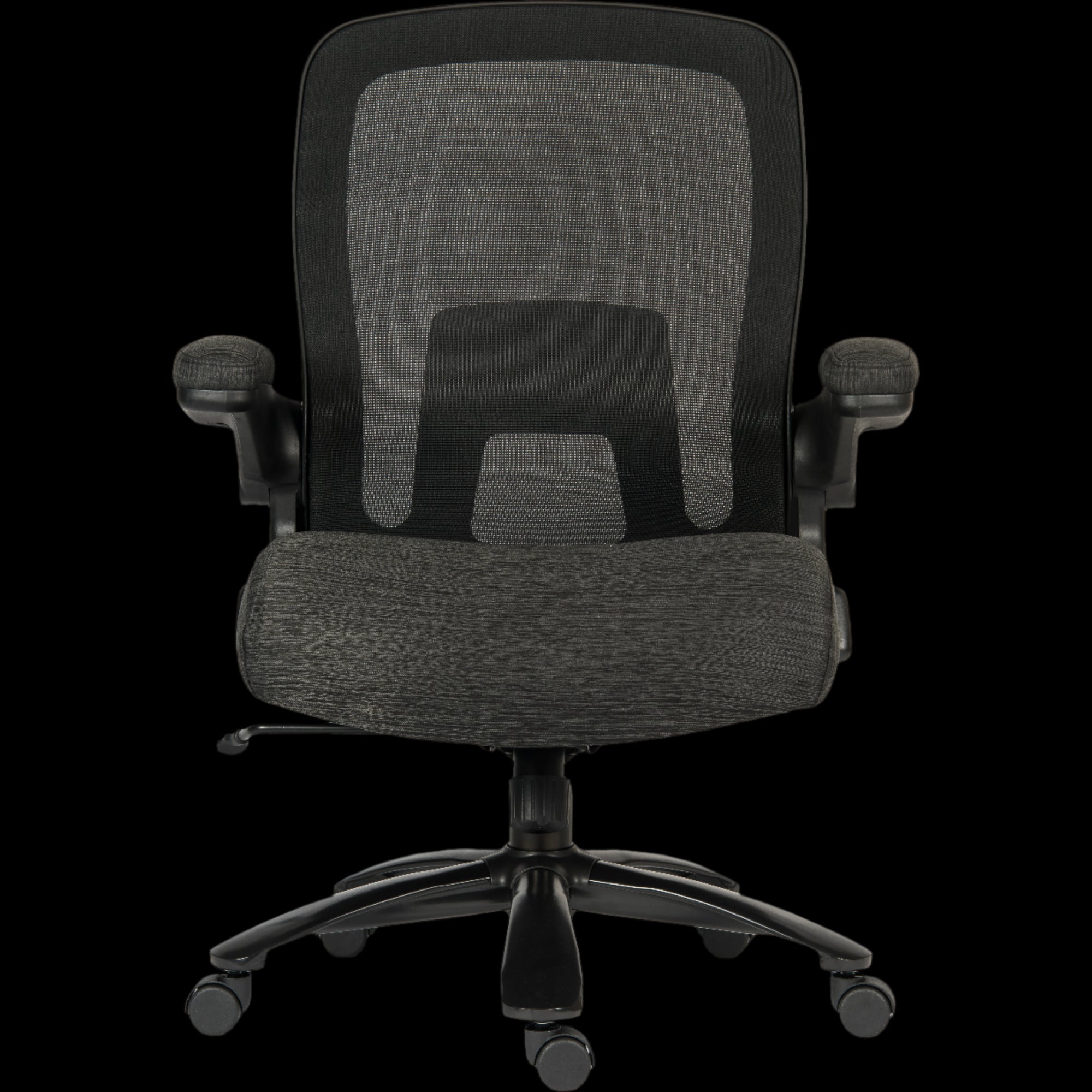 Black office chair with mesh back on a black background