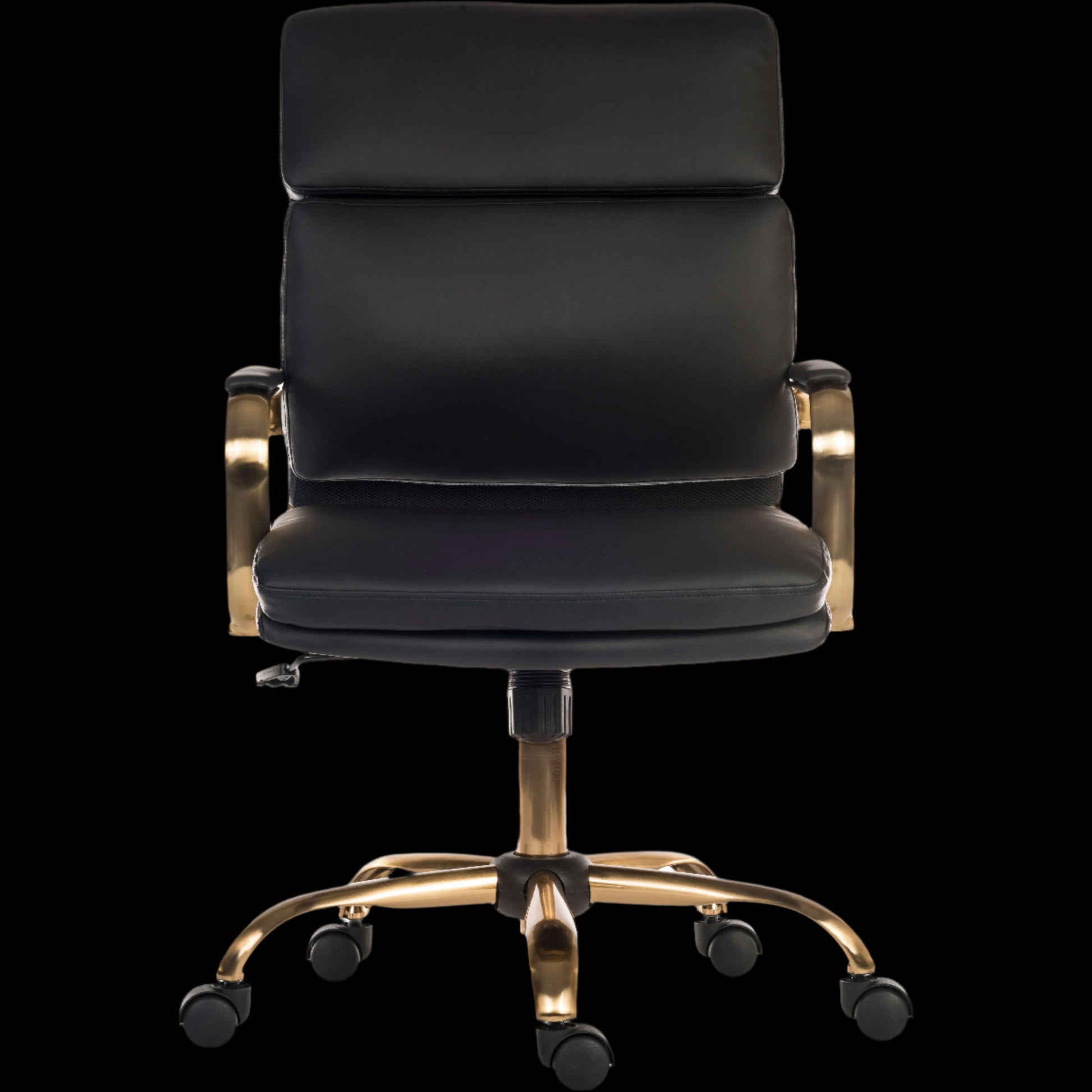 Black office chair with gold accents on a black background