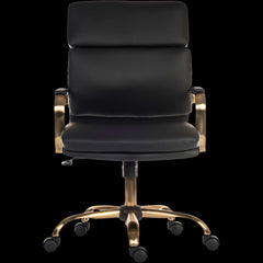 Black office chair with gold accents on a black background