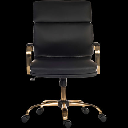 Black office chair with gold accents on a black background