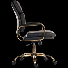 Black office chair with gold accents on a black background