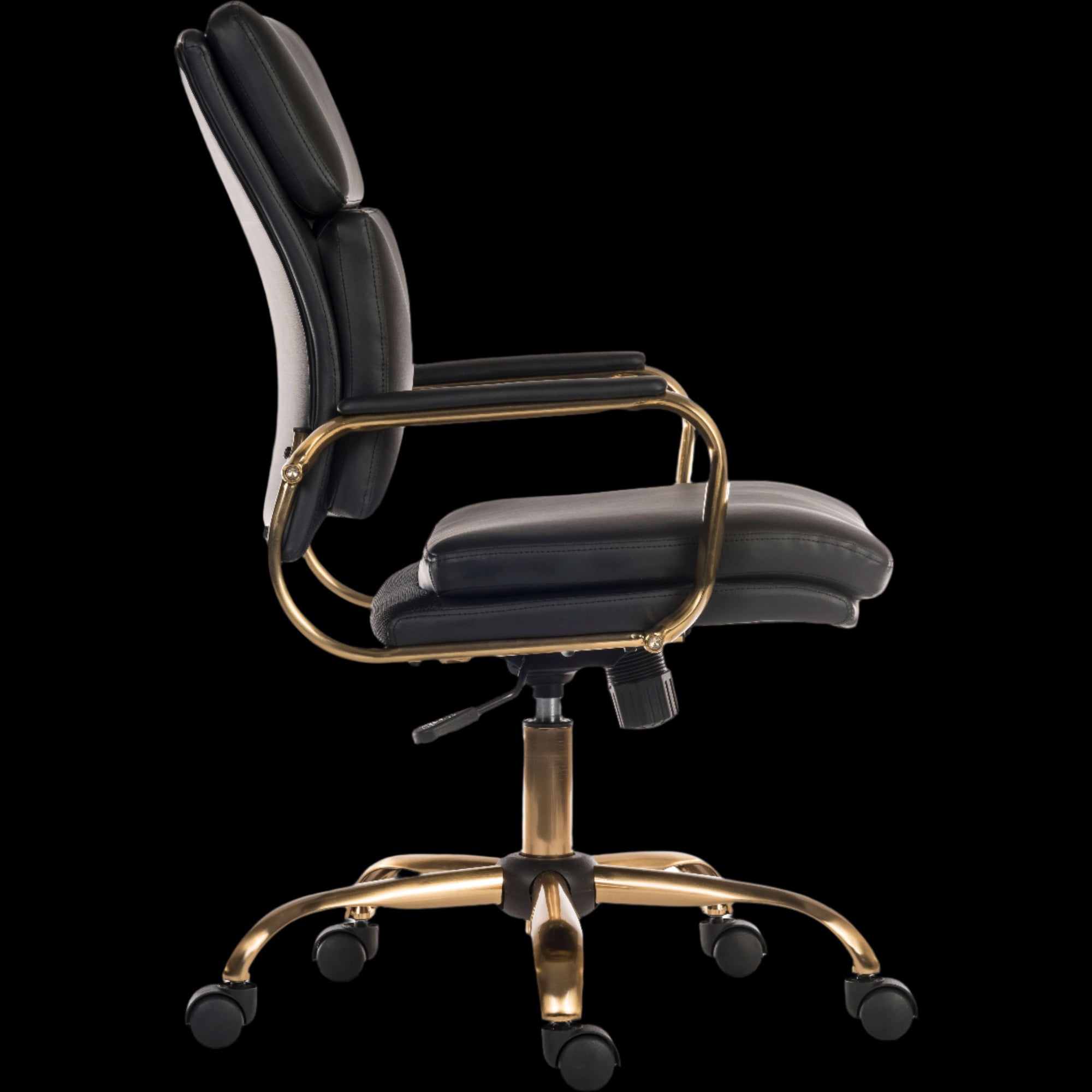 Black office chair with gold accents on a black background