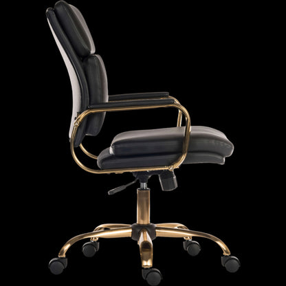 Black office chair with gold accents on a black background