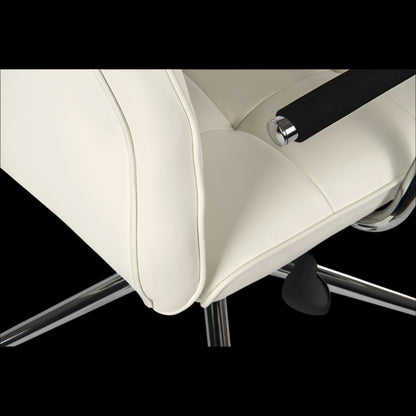 Close-up of a beige office chair with a black armrest on a black background