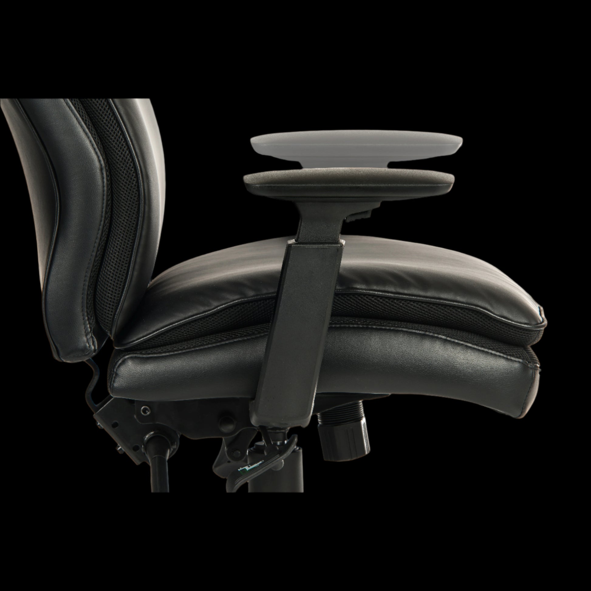 Black office chair with adjustable armrests on a black background