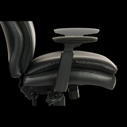 Black office chair with adjustable armrests on a black background