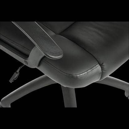 Close-up of a black office chair with armrests on a black background