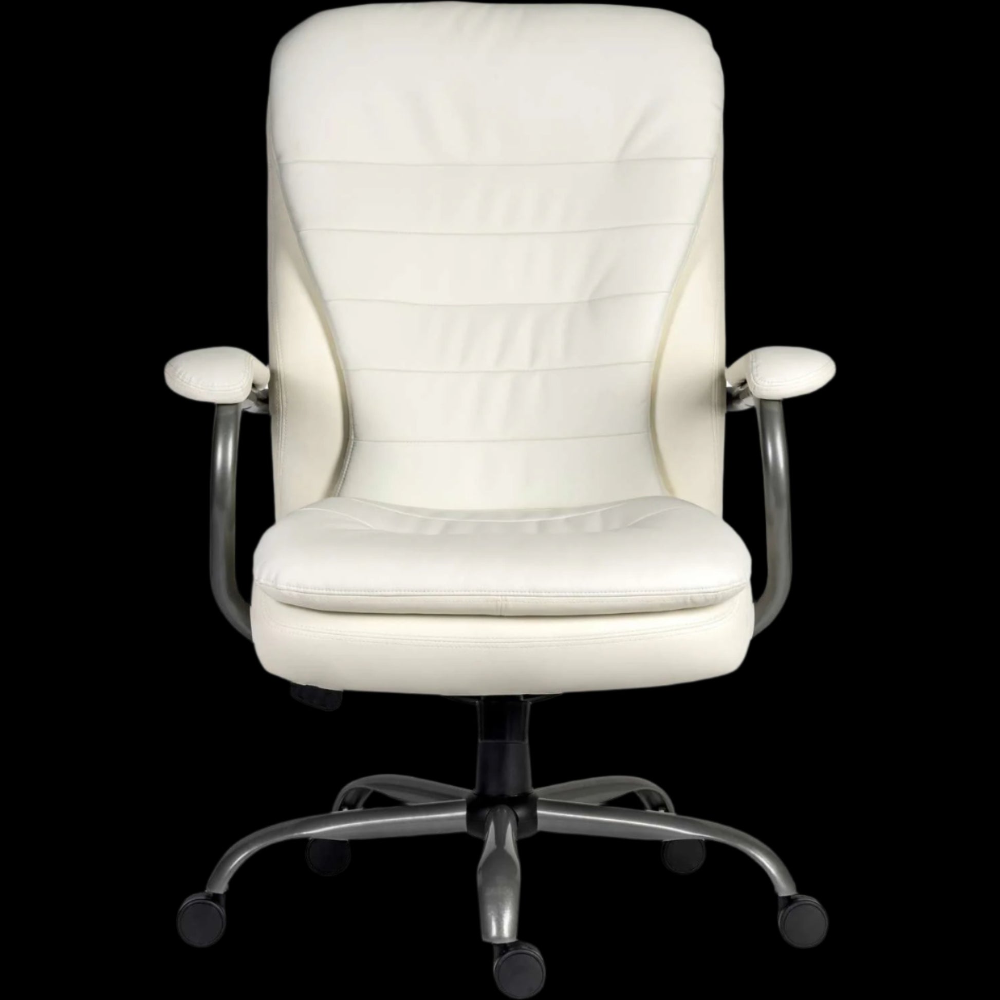 White office chair with quilted design on a black background
