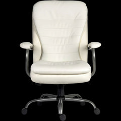 White office chair with quilted design on a black background