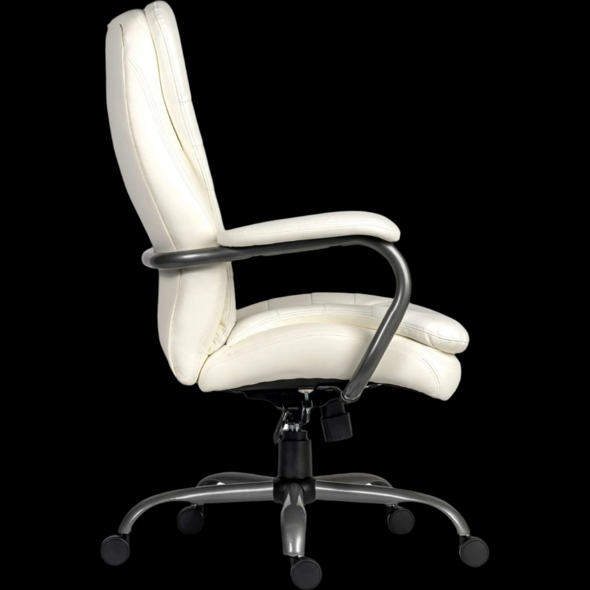 White office chair with black wheels on a black background
