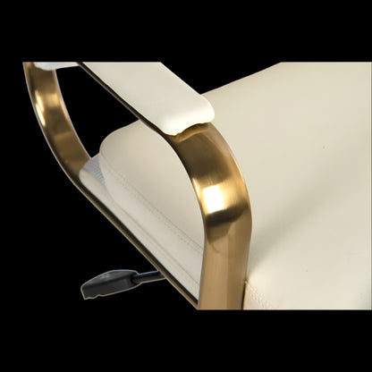 Chair with gold armrests and white cushion on a black background